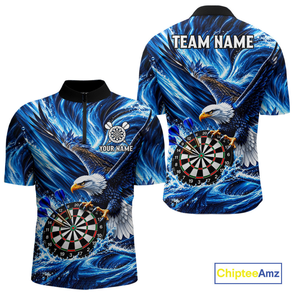 Custom Mens Eagle Darts Polo Quarter-Zip Shirt Blue Water Splash Darts Tournament Team Shirt NYN4661