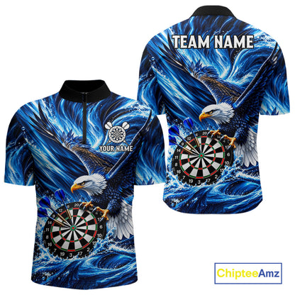 Custom Mens Eagle Darts Polo Quarter-Zip Shirt Blue Water Splash Darts Tournament Team Shirt NYN4661