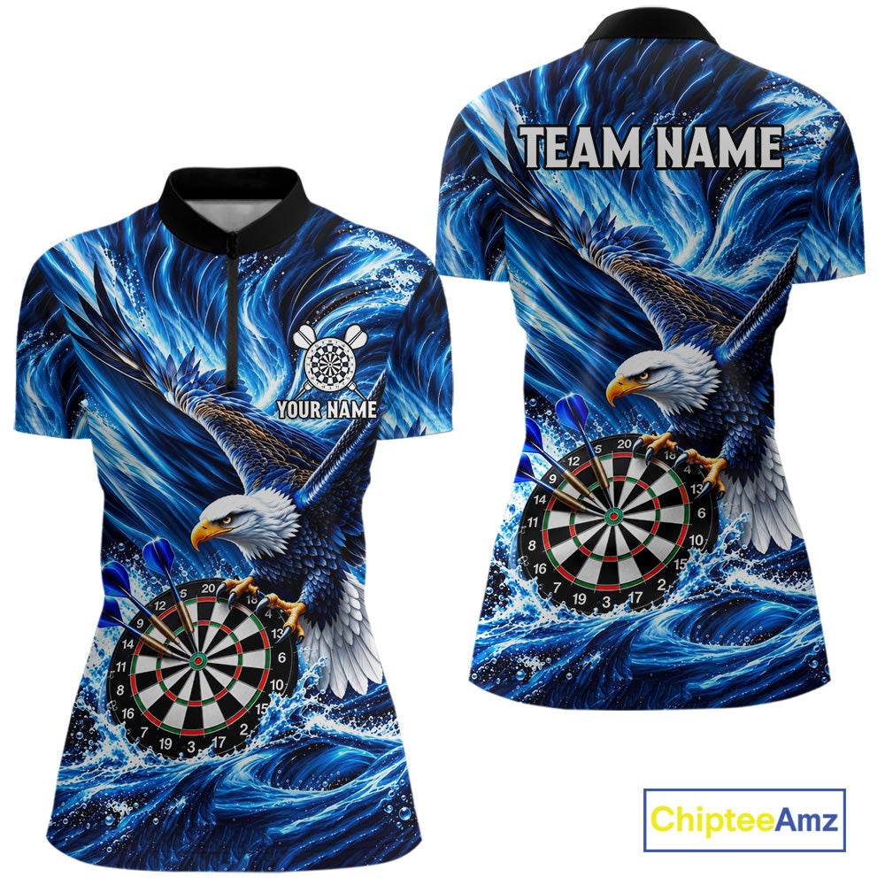 Custom Women Eagle Darts Polo Quarter-Zip Shirt Blue Water Splash Darts Tournament Team Shirt NYN4661