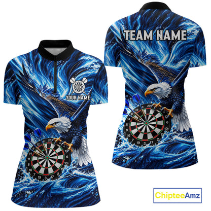 Custom Women Eagle Darts Polo Quarter-Zip Shirt Blue Water Splash Darts Tournament Team Shirt NYN4661