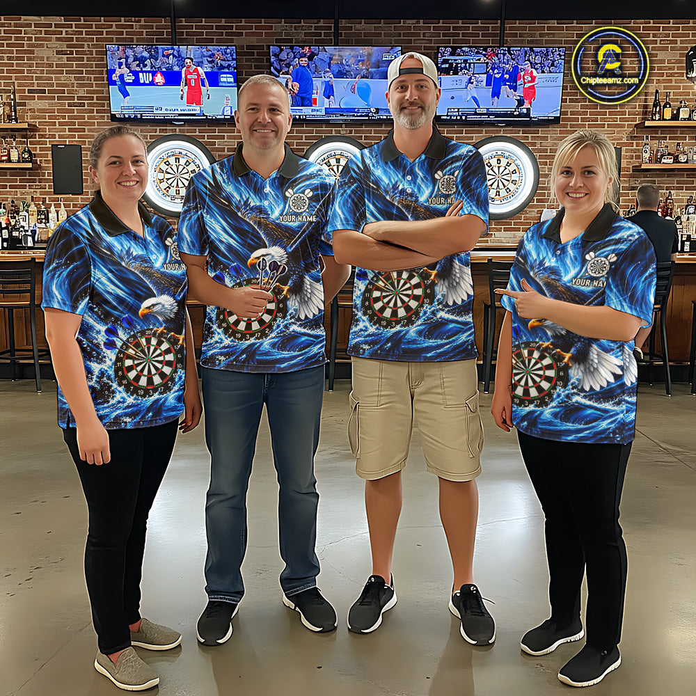 Custom Mens Eagle Darts Polo Quarter-Zip Shirt Blue Water Splash Darts Tournament Team Shirt NYN4661