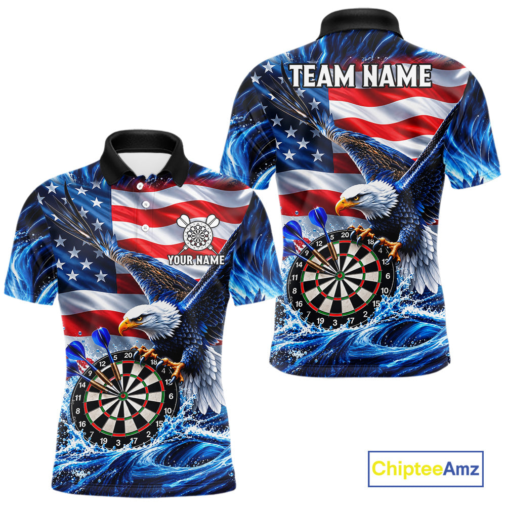 Custom US Flag Mens Eagle Darts Polo Quarter-Zip Shirt Blue Water Splash Darts Tournament Team Shirt NYN4662