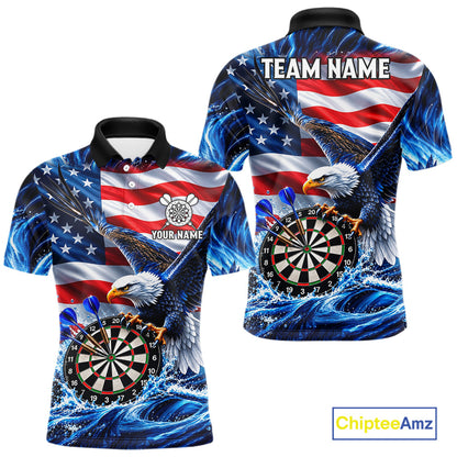 Custom US Flag Mens Eagle Darts Polo Quarter-Zip Shirt Blue Water Splash Darts Tournament Team Shirt NYN4662