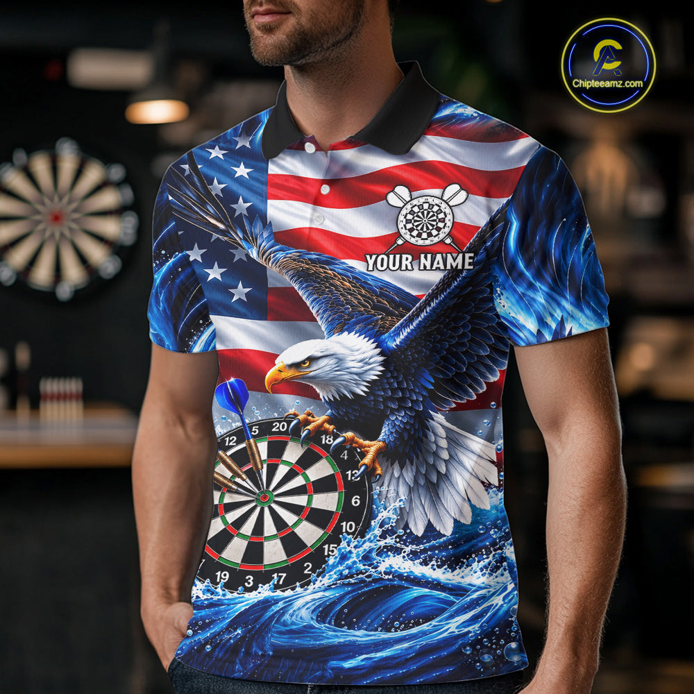 Custom US Flag Mens Eagle Darts Polo Quarter-Zip Shirt Blue Water Splash Darts Tournament Team Shirt NYN4662