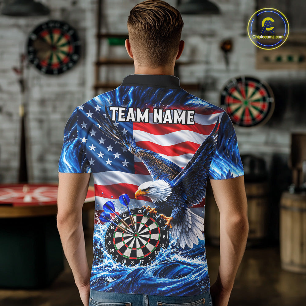 Custom US Flag Mens Eagle Darts Polo Quarter-Zip Shirt Blue Water Splash Darts Tournament Team Shirt NYN4662