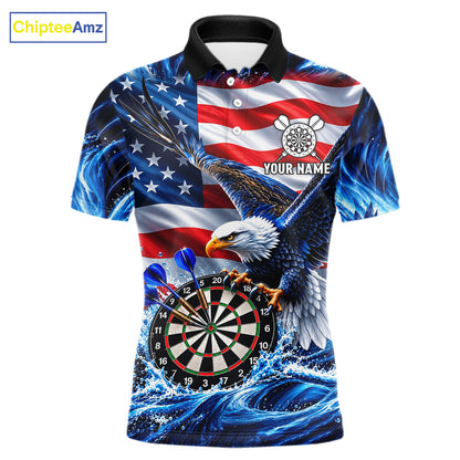 Custom US Flag Mens Eagle Darts Polo Quarter-Zip Shirt Blue Water Splash Darts Tournament Team Shirt NYN4662