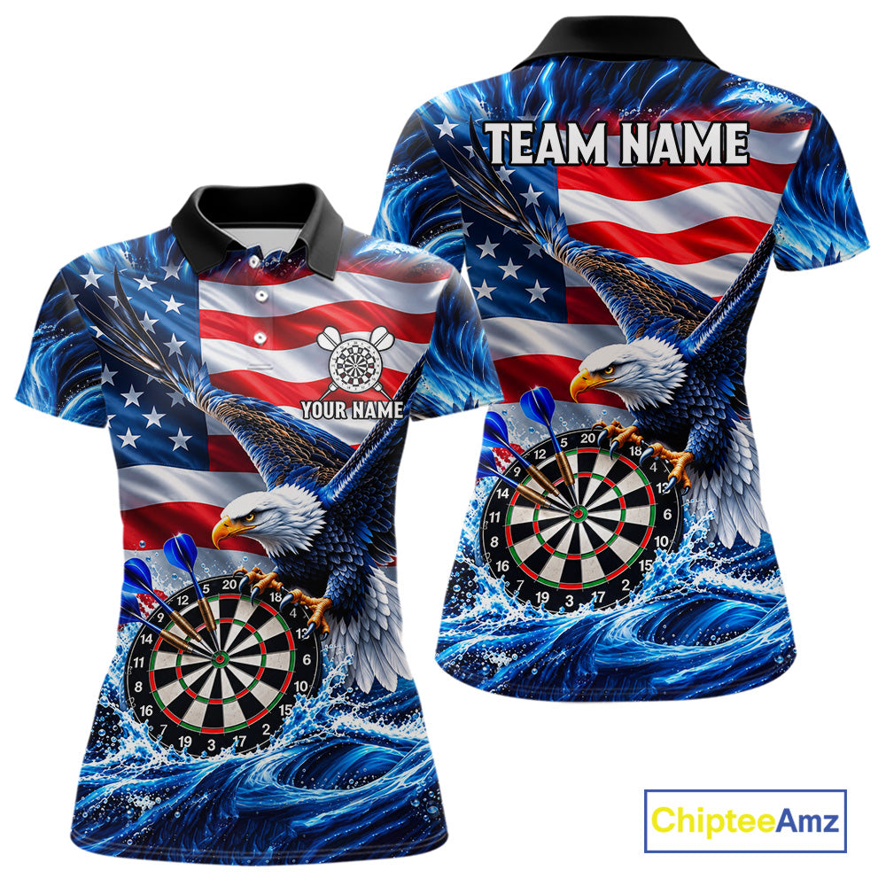 Custom US Flag Women Eagle Darts Polo Quarter-Zip Shirt Blue Water Splash Darts Tournament Team Shirt NYN4662