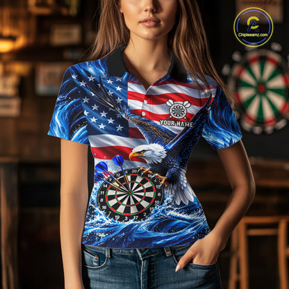 Custom US Flag Women Eagle Darts Polo Quarter-Zip Shirt Blue Water Splash Darts Tournament Team Shirt NYN4662