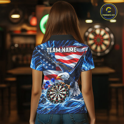 Custom US Flag Women Eagle Darts Polo Quarter-Zip Shirt Blue Water Splash Darts Tournament Team Shirt NYN4662