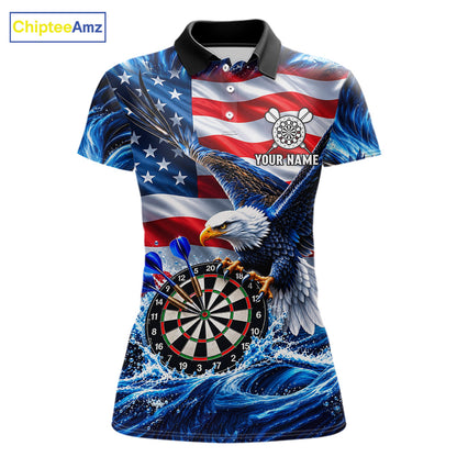 Custom US Flag Women Eagle Darts Polo Quarter-Zip Shirt Blue Water Splash Darts Tournament Team Shirt NYN4662