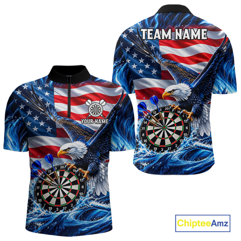 Custom US Flag Mens Eagle Darts Polo Quarter-Zip Shirt Blue Water Splash Darts Tournament Team Shirt NYN4662