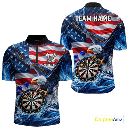Custom US Flag Mens Eagle Darts Polo Quarter-Zip Shirt Blue Water Splash Darts Tournament Team Shirt NYN4662