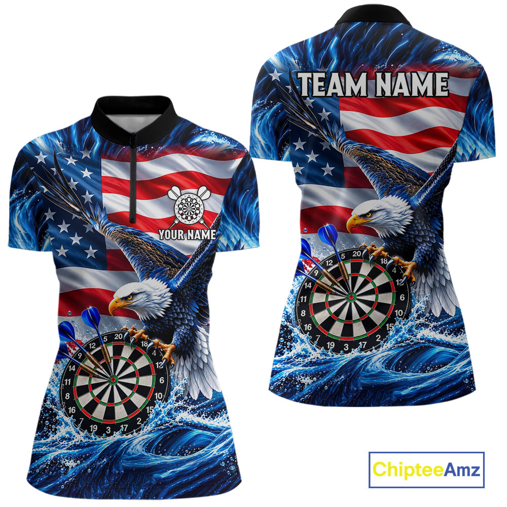 Custom US Flag Women Eagle Darts Polo Quarter-Zip Shirt Blue Water Splash Darts Tournament Team Shirt NYN4662