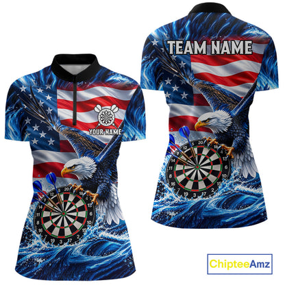 Custom US Flag Women Eagle Darts Polo Quarter-Zip Shirt Blue Water Splash Darts Tournament Team Shirt NYN4662