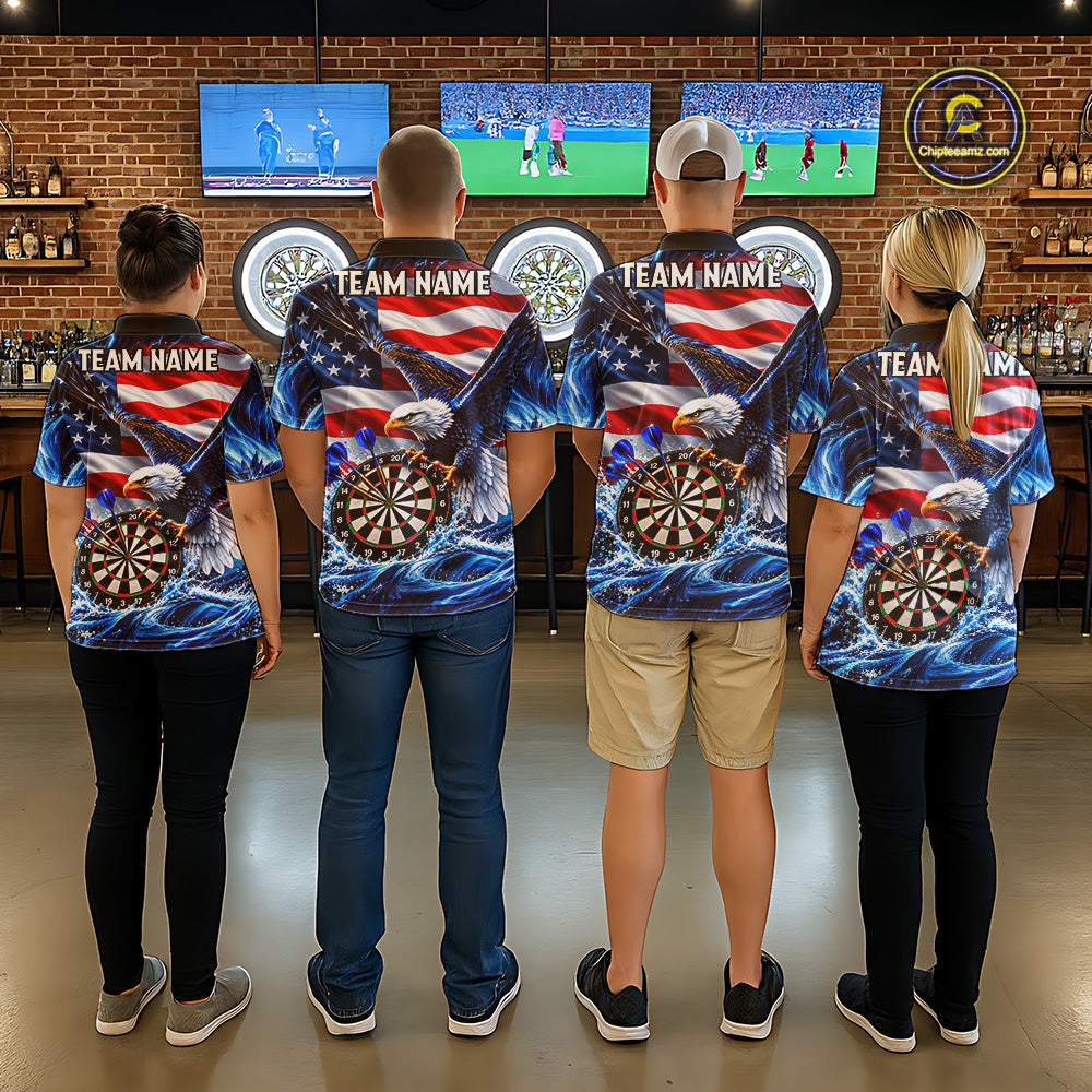 Custom US Flag Women Eagle Darts Polo Quarter-Zip Shirt Blue Water Splash Darts Tournament Team Shirt NYN4662