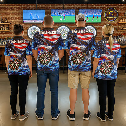 Custom US Flag Women Eagle Darts Polo Quarter-Zip Shirt Blue Water Splash Darts Tournament Team Shirt NYN4662