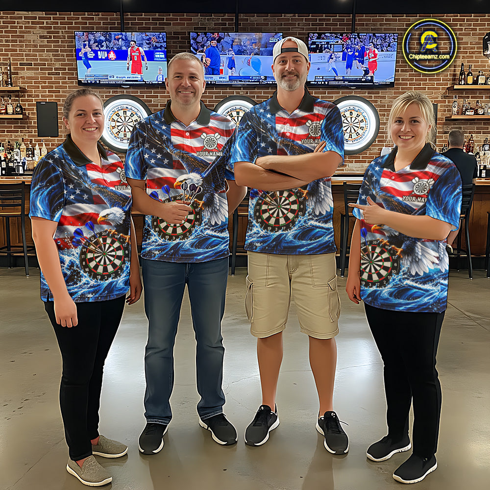 Custom US Flag Women Eagle Darts Polo Quarter-Zip Shirt Blue Water Splash Darts Tournament Team Shirt NYN4662