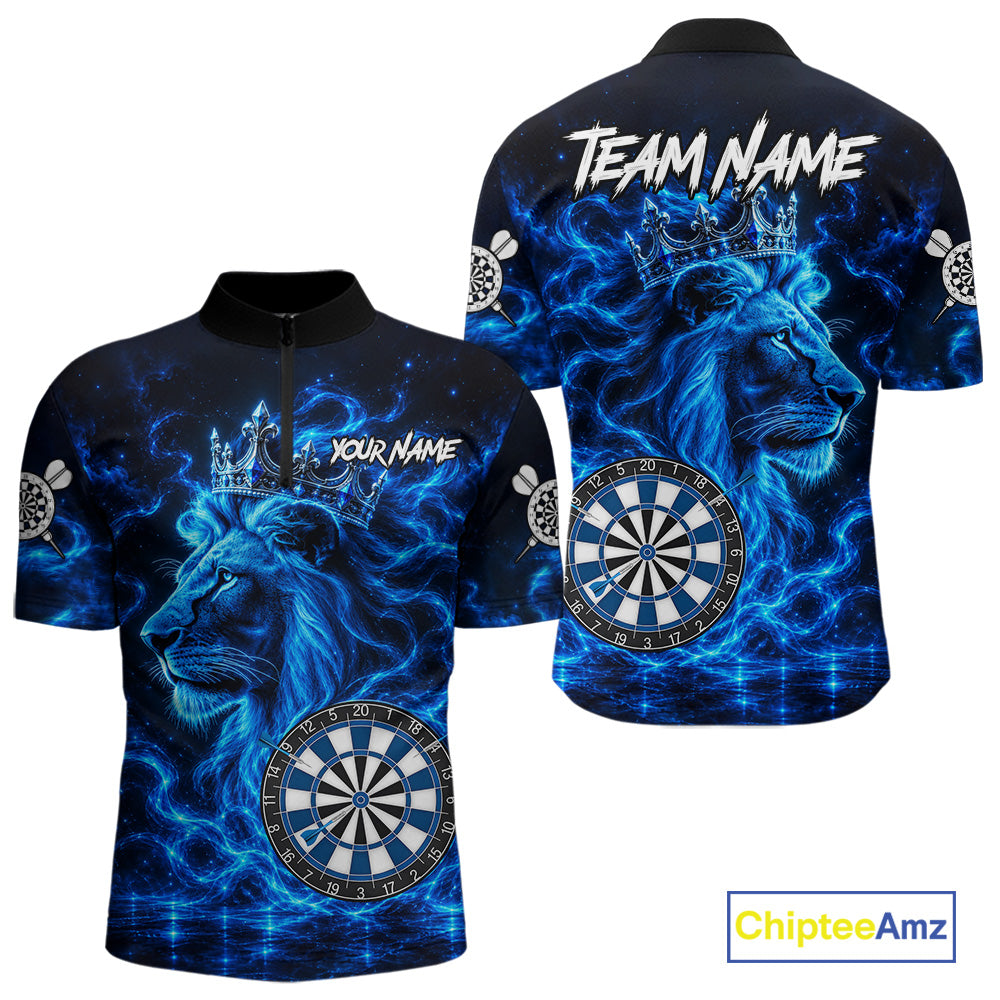 Personalized Lion Darts Polo Quarter-Zip Shirt For Men Custom Blue Flame Lion Dart Team Uniform Jersey NYN4668