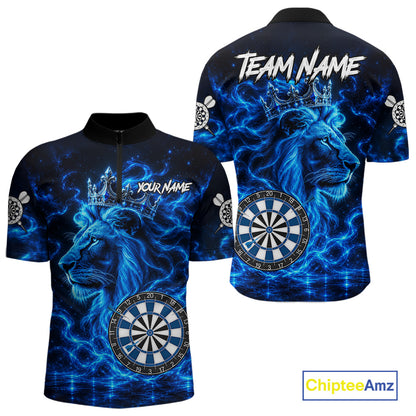 Personalized Lion Darts Polo Quarter-Zip Shirt For Men Custom Blue Flame Lion Dart Team Uniform Jersey NYN4668