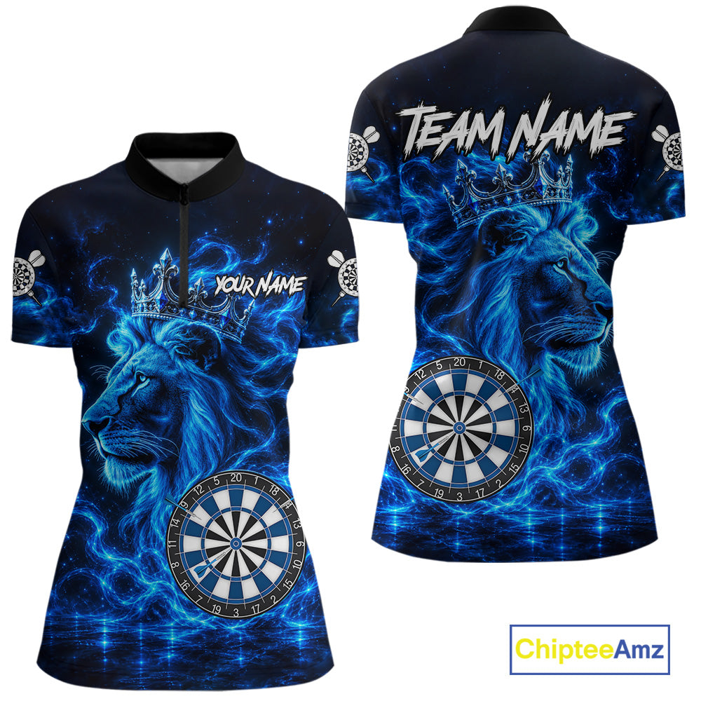 Personalized Lion Darts Polo Quarter-Zip Shirt For Women Custom Blue Flame Lion Dart Team Uniform Jersey NYN4668