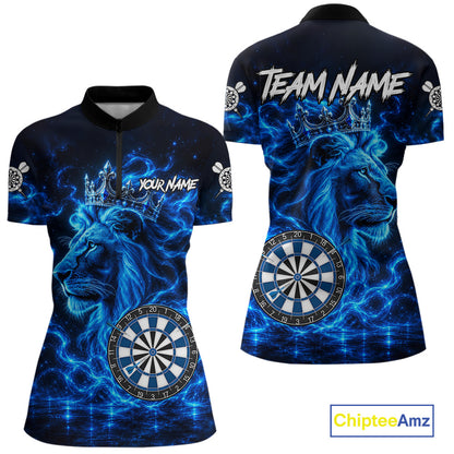 Personalized Lion Darts Polo Quarter-Zip Shirt For Women Custom Blue Flame Lion Dart Team Uniform Jersey NYN4668