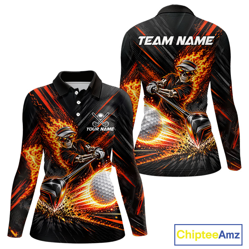 Custom Flaming Skull Golf Polo Shirt For Women Personalized Skeleton Golf Shirt Golf Team Apparel NYN5014