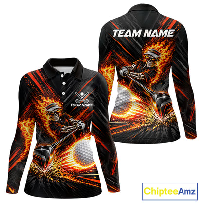 Custom Flaming Skull Golf Polo Shirt For Women Personalized Skeleton Golf Shirt Golf Team Apparel NYN5014