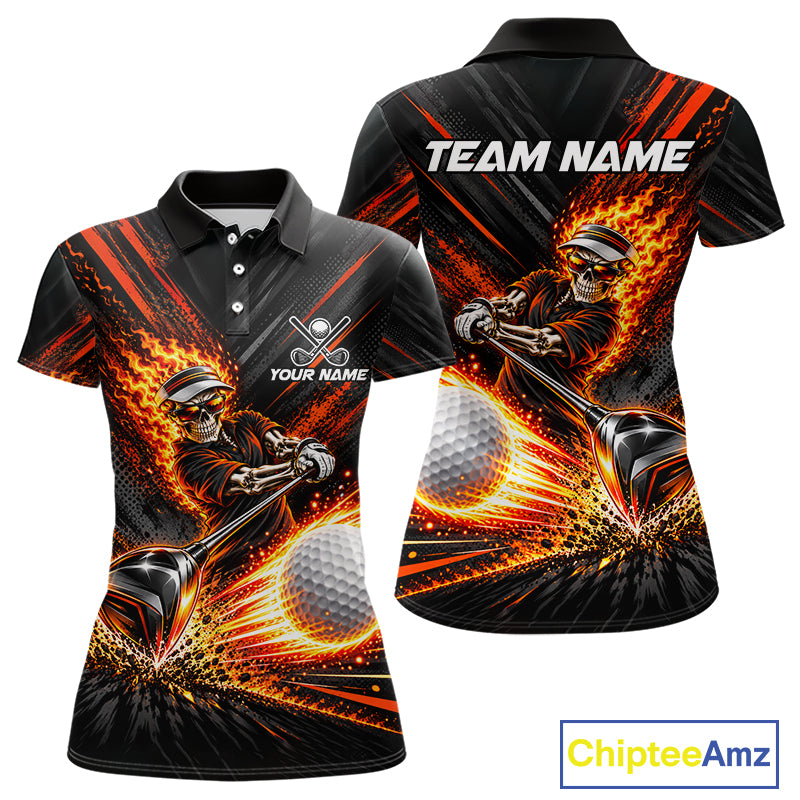 Custom Flaming Skull Golf Polo Shirt For Women Personalized Skeleton Golf Shirt Golf Team Apparel NYN5014