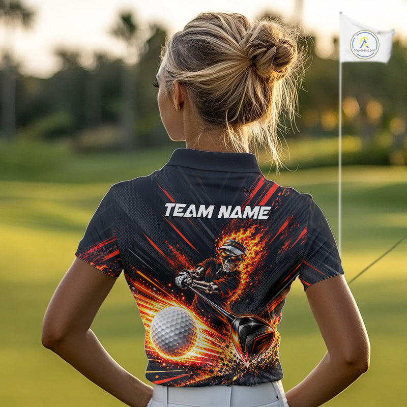 Custom Flaming Skull Golf Polo Shirt For Women Personalized Skeleton Golf Shirt Golf Team Apparel NYN5014