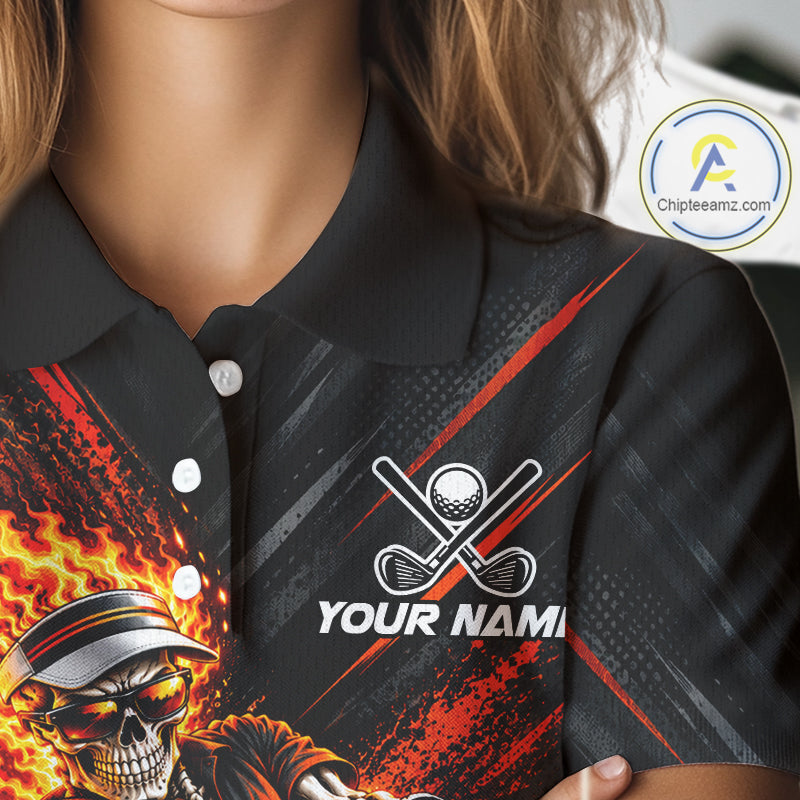 Custom Flaming Skull Golf Polo Shirt For Women Personalized Skeleton Golf Shirt Golf Team Apparel NYN5014
