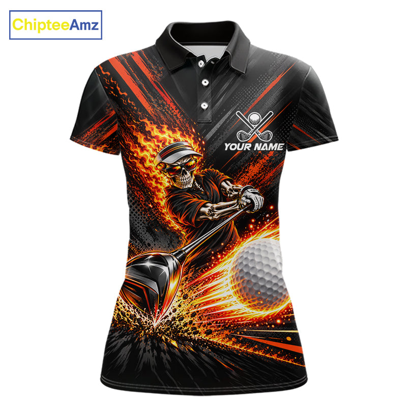 Custom Flaming Skull Golf Polo Shirt For Women Personalized Skeleton Golf Shirt Golf Team Apparel NYN5014