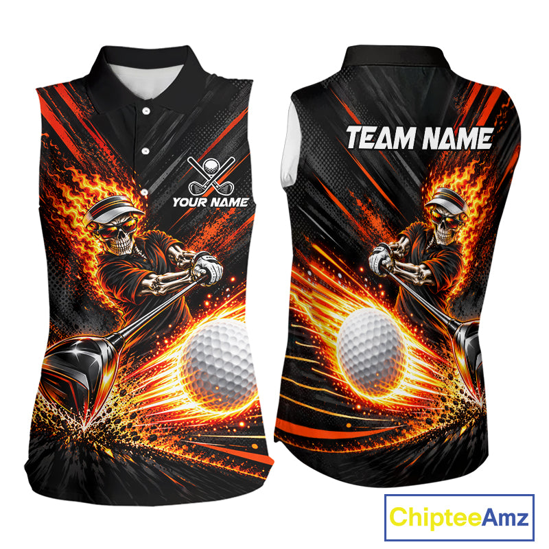 Custom Flaming Skull Golf Sleeveless Polo Shirt For Women Personalized Skeleton Golf Shirt Golf Team Apparel NYN5014