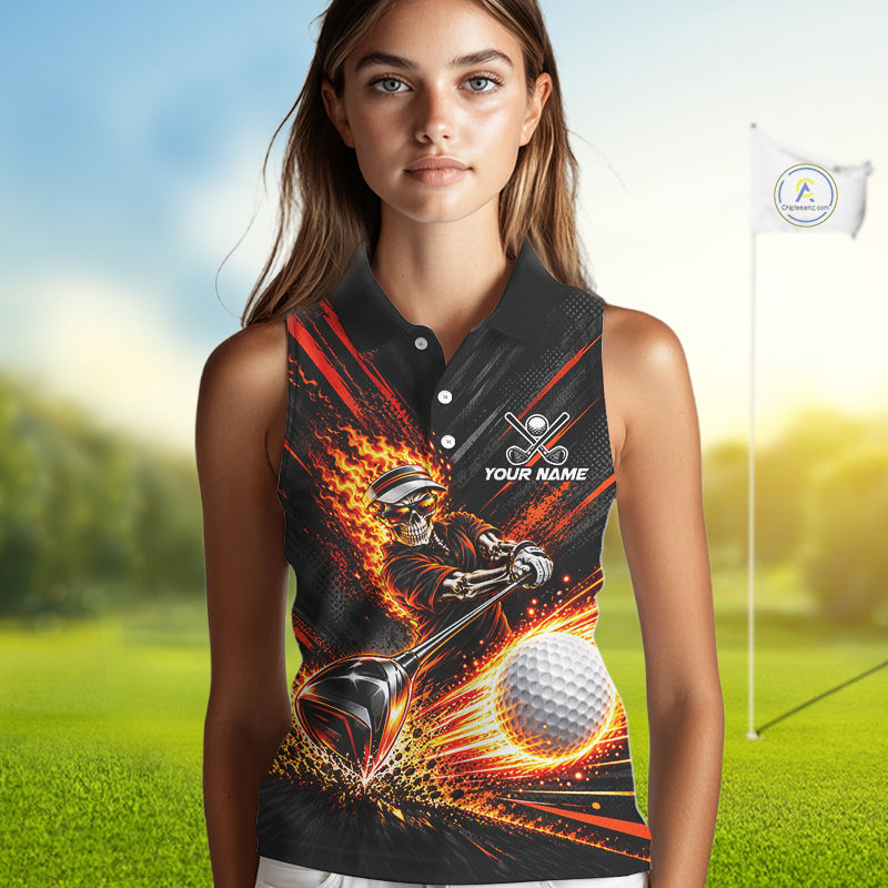 Custom Flaming Skull Golf Sleeveless Polo Shirt For Women Personalized Skeleton Golf Shirt Golf Team Apparel NYN5014