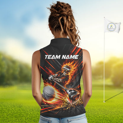 Custom Flaming Skull Golf Sleeveless Polo Shirt For Women Personalized Skeleton Golf Shirt Golf Team Apparel NYN5014