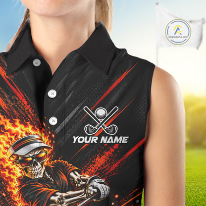 Custom Flaming Skull Golf Sleeveless Polo Shirt For Women Personalized Skeleton Golf Shirt Golf Team Apparel NYN5014