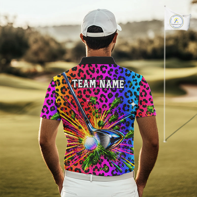 Personalized Rainbow Leopard Men Golf Polo Shirt Custom Colorful Golf Club Golf Team Jersey NYN5029