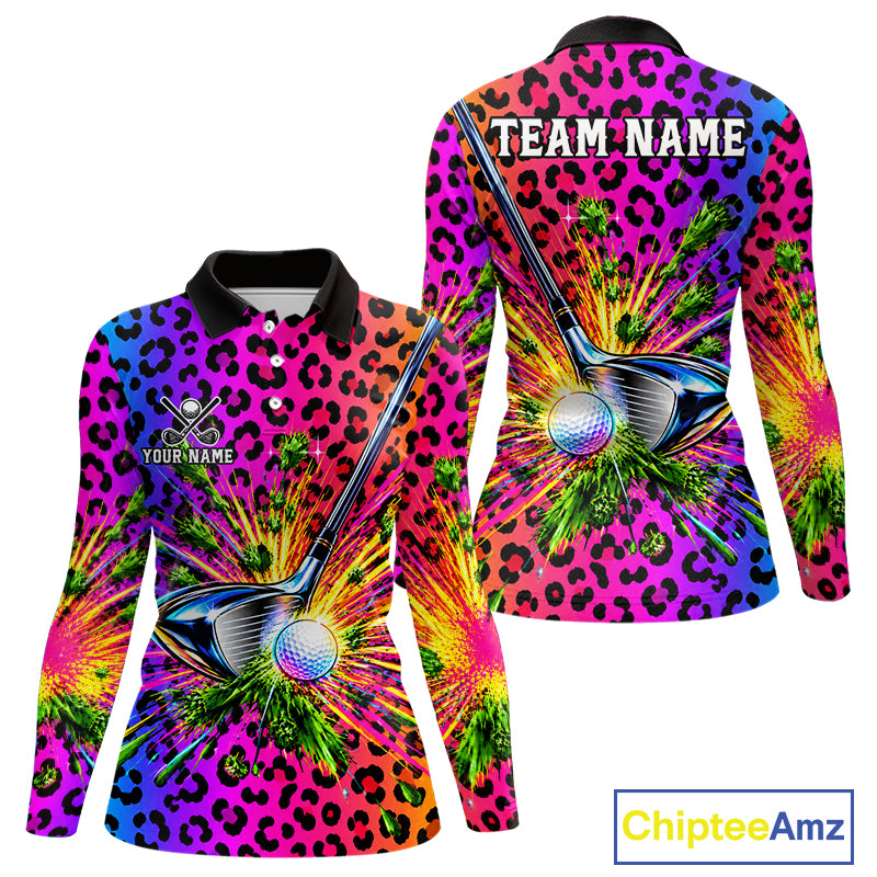 Personalized Rainbow Leopard Women Golf Polo Shirt Custom Colorful Golf Club Golf Team Jersey NYN5029