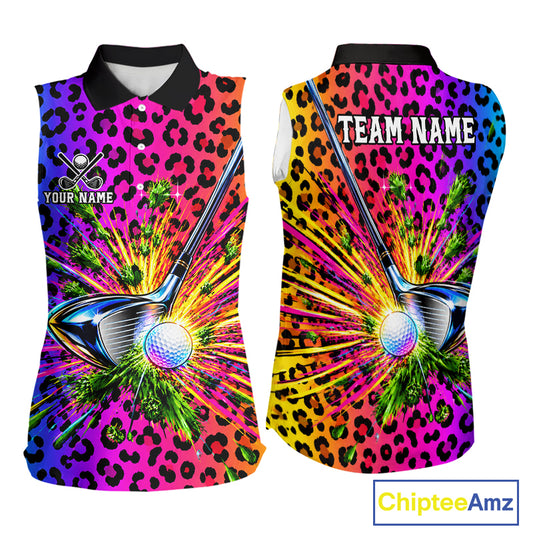 Personalized Rainbow Leopard Women Golf Sleeveless Polo Shirt Colorful Golf Club Golf Team Jersey NYN5029
