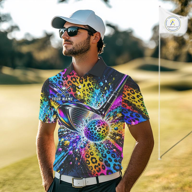 Grunge Rainbow Leopard Golf Polo Shirt For Men Custom Colorful Golf Team Apparel Gift NYN5030
