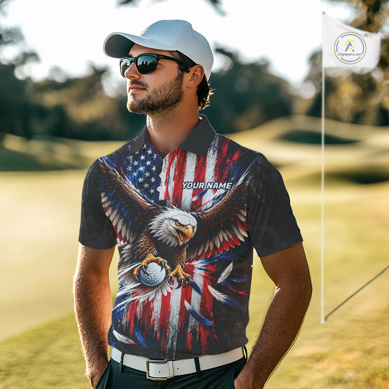 Personalized Patriotic Eagle Men Golf Polo Shirt Custom Name US Flag Golfer Team Jersey NYN5032