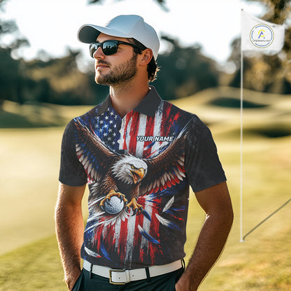 Personalized Patriotic Eagle Men Golf Polo Shirt Custom Name US Flag Golfer Team Jersey NYN5032