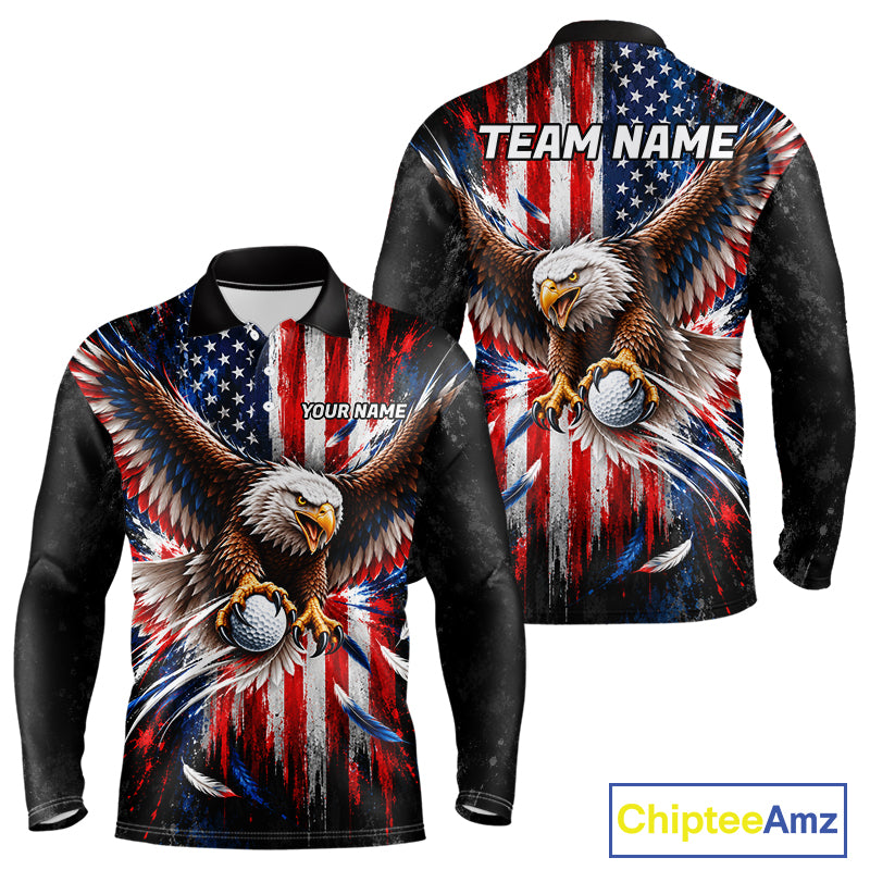 Personalized Patriotic Eagle Men Golf Polo Shirt Custom Name US Flag Golfer Team Jersey NYN5032