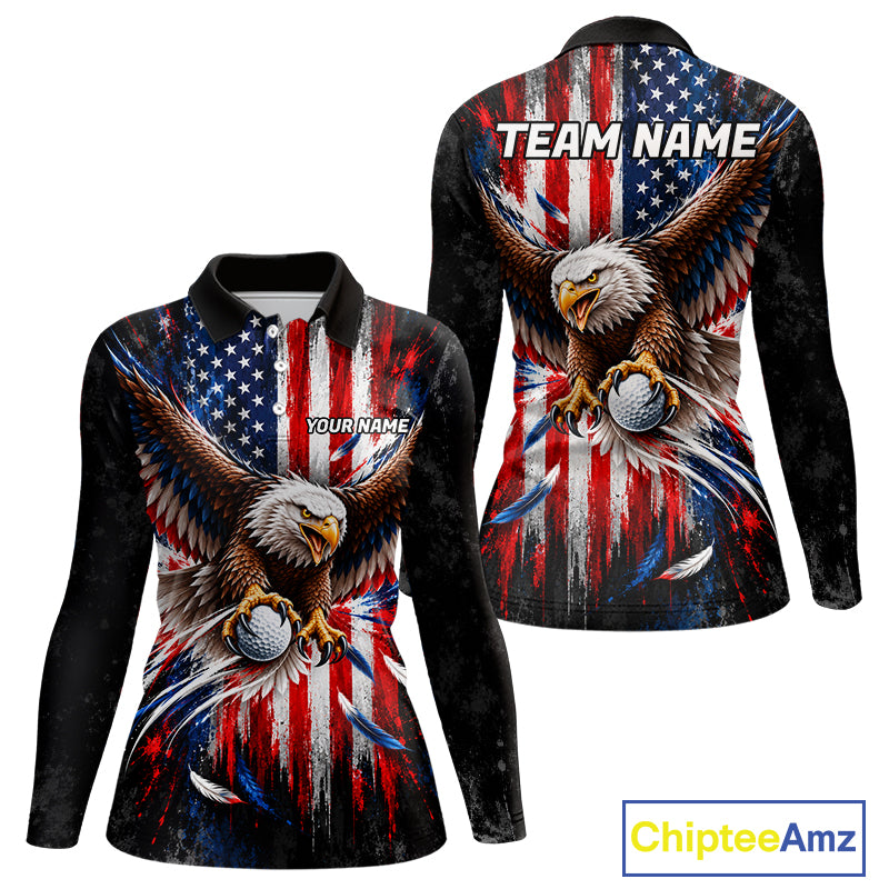 Personalized Patriotic Eagle Women Golf Polo Shirt Custom Name US Flag Golfer Team Jersey NYN5032