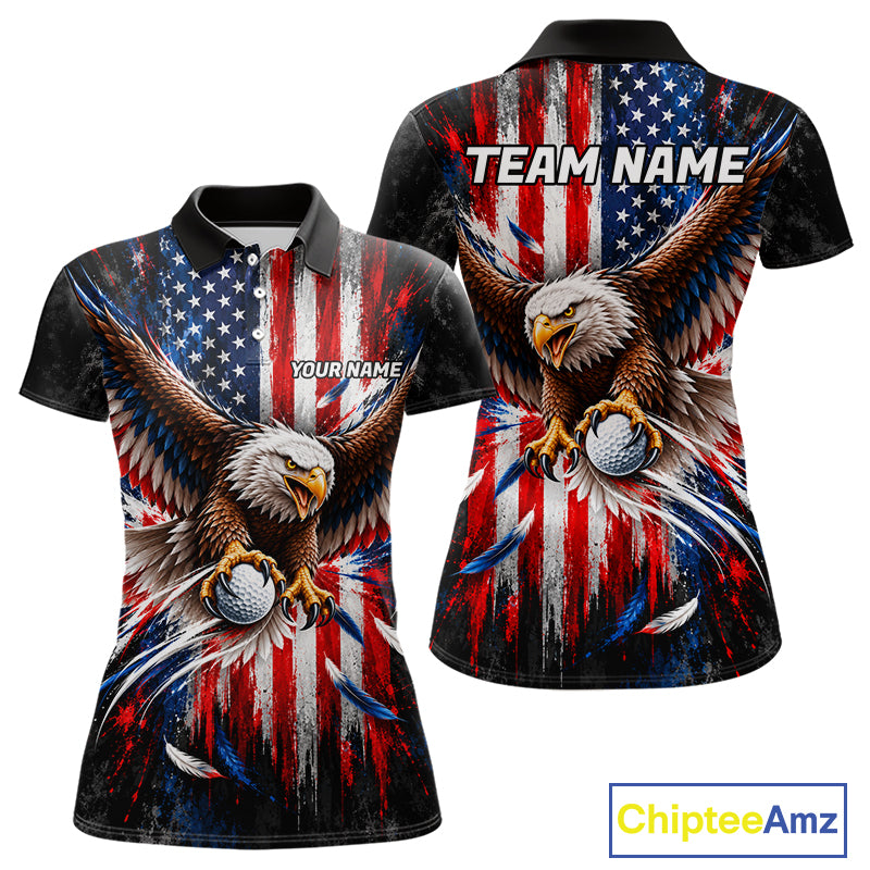 Personalized Patriotic Eagle Women Golf Polo Shirt Custom Name US Flag Golfer Team Jersey NYN5032