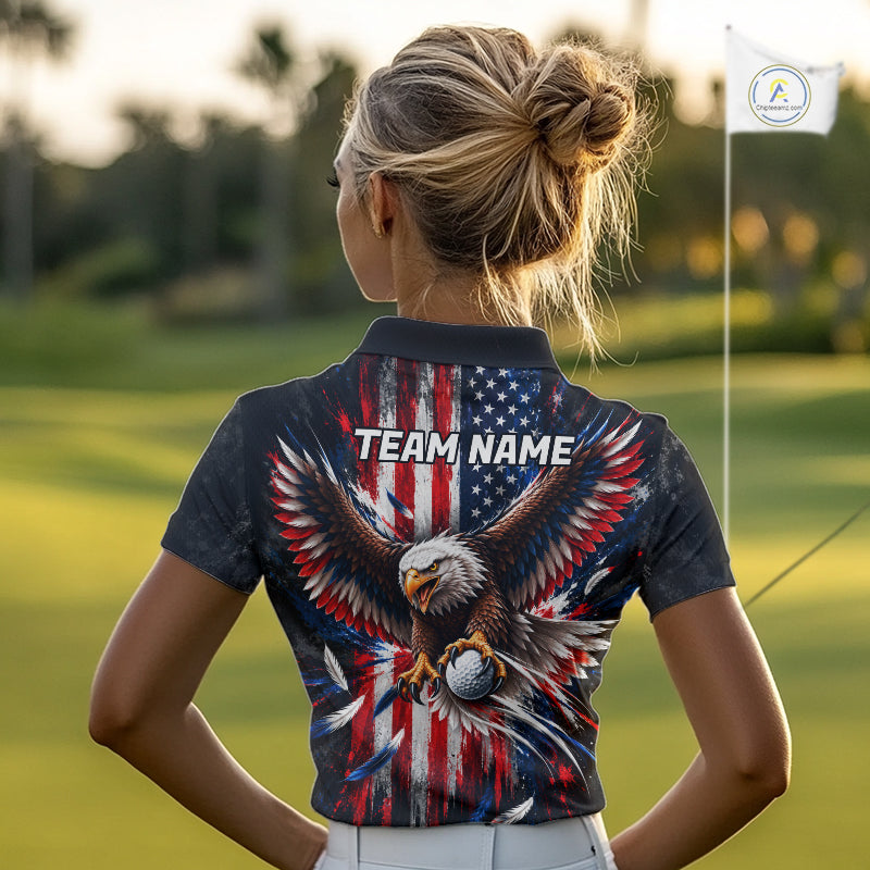 Personalized Patriotic Eagle Women Golf Polo Shirt Custom Name US Flag Golfer Team Jersey NYN5032