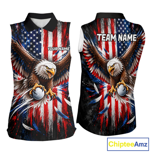 Personalized Patriotic Eagle Women Golf Sleeveless Polo Shirt Custom Name US Flag Golfer Team Jersey NYN5032