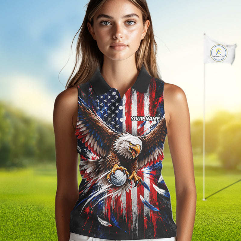 Personalized Patriotic Eagle Women Golf Sleeveless Polo Shirt Custom Name US Flag Golfer Team Jersey NYN5032