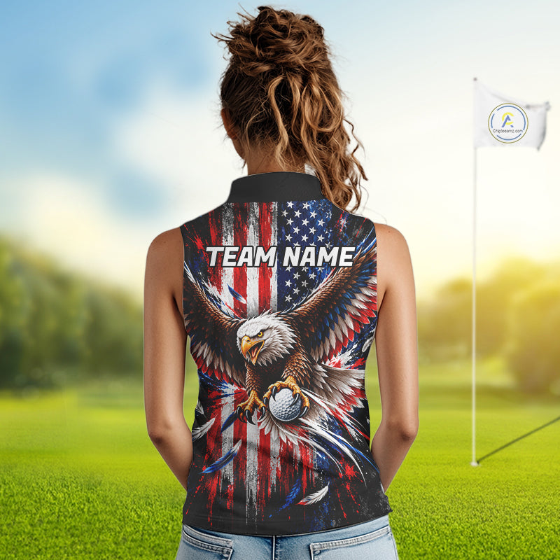Personalized Patriotic Eagle Women Golf Sleeveless Polo Shirt Custom Name US Flag Golfer Team Jersey NYN5032