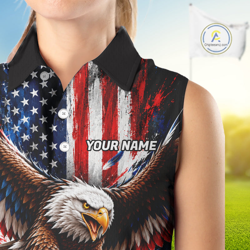 Personalized Patriotic Eagle Women Golf Sleeveless Polo Shirt Custom Name US Flag Golfer Team Jersey NYN5032