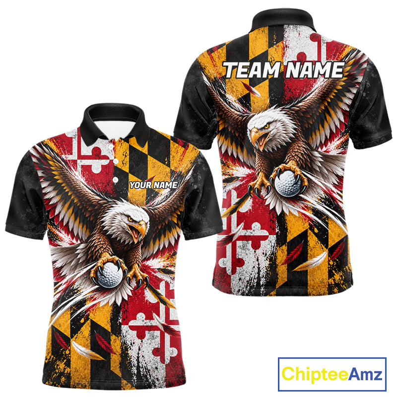 Personalized Patriotic Eagle Men Golf Polo Shirt Custom Name Maryland Flag Golfer Team Jersey NYN5033